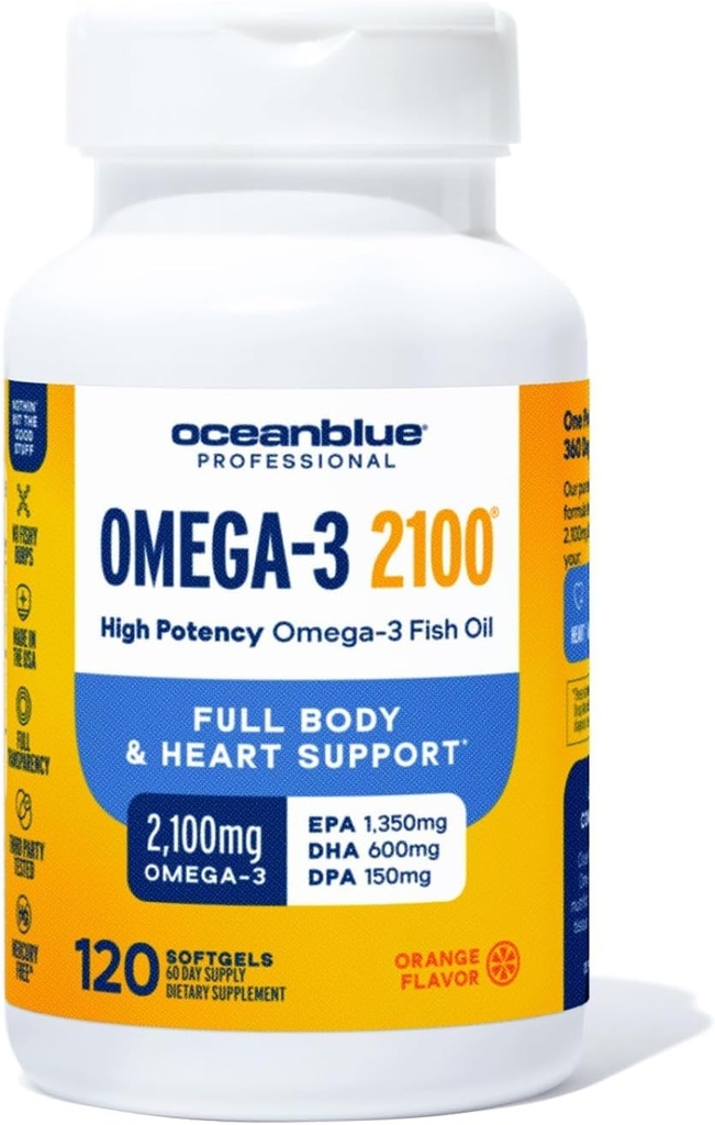 Oceanכחול Professional אומגה 3 2100-120 ct - High-Potency Triple Strength Burpless Fish Oil with EPA, DHA & DPA - Wild Catch - Orange Flavor, 60 משרתים