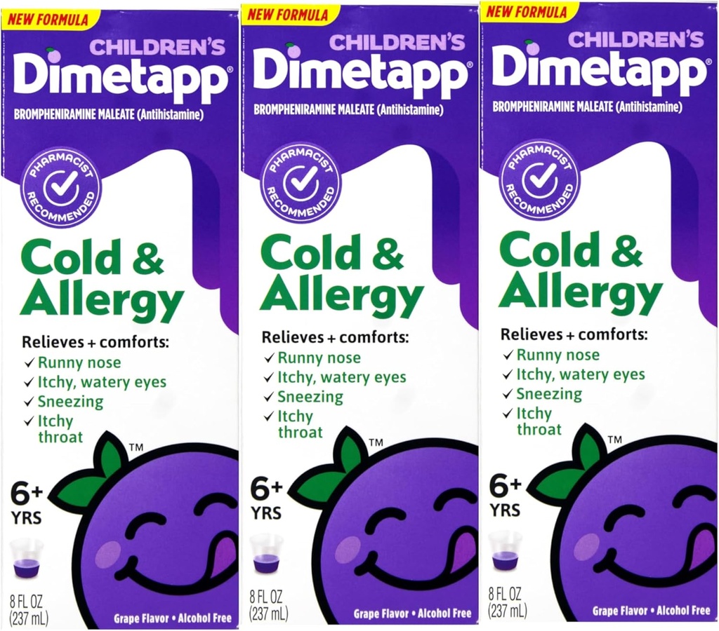 Dimetapp® Cold & Allergy נוזל - Grape Flavor, אלכוהול ללא תשלום, 8 oz - 3 Pack