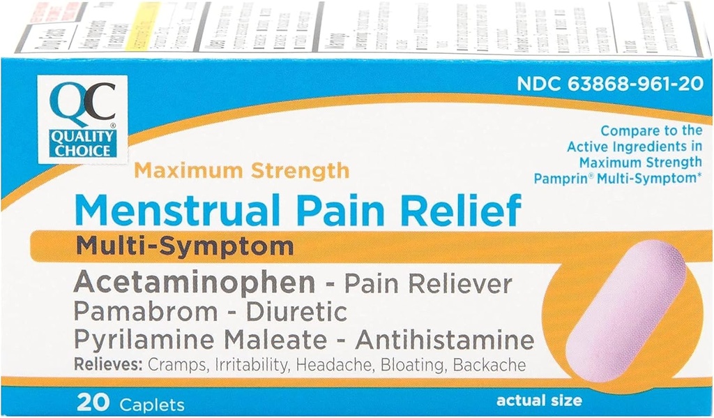 איכות בחירה מקסימלית כוח Mentrual Pain הקלה, Multi Symptom Pain Caplets, Cramps, Headache, Bloating, Backache & Irritability, 20 חבילת ספירה