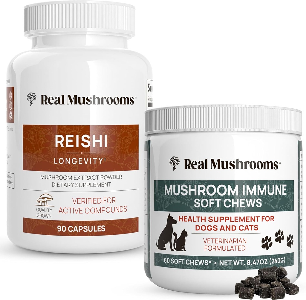 Real Mushrooms Reishi קפסולות עבור בני אדם (90ct) & Mushroom Immune Pet Chews (60ct) - Bundle for Longevity, Relaxation & Immunity - Ashwagandha, Astragalus & More - טבעוני, non-GMO, Gluten-Free-Free-Freeten-Free