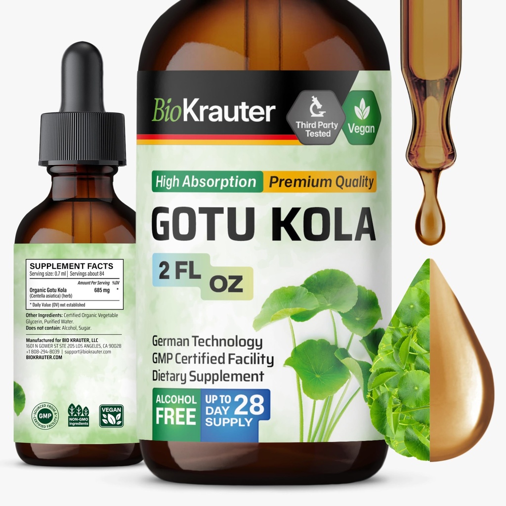 BIO KRAUTER Gotu Kola Tincture - תמצית Centellatica - אלכוהול וסוכר חינם Gotu Kola Extracts 2 Fl.Oz.