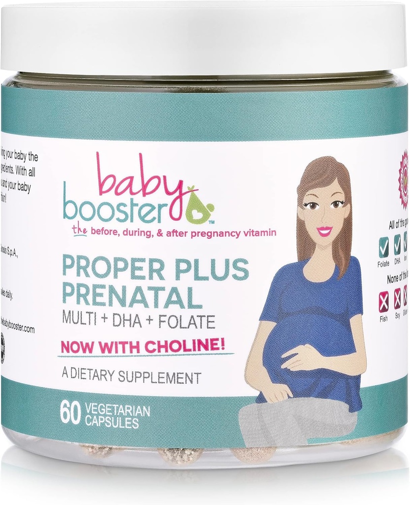 Baby Booster Fit Plus Prenatal ויטמינים עם טבעוני DHA + Methyl Folate + Choline + רב (60 קפסולות) גדול עבור הריון, מחלת בוקר ו Lactation