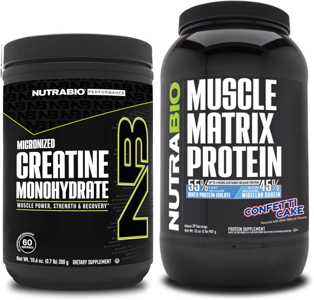NutraBio Creatine Monohydrate, Unflavored, (300 גרם) ואבקת חלבון במטריקס שרירים, (קוקאין עוגה) תוסף Bundle - שריר אנרגיה, צמיחה מקסימלית, התאוששות וכוח
