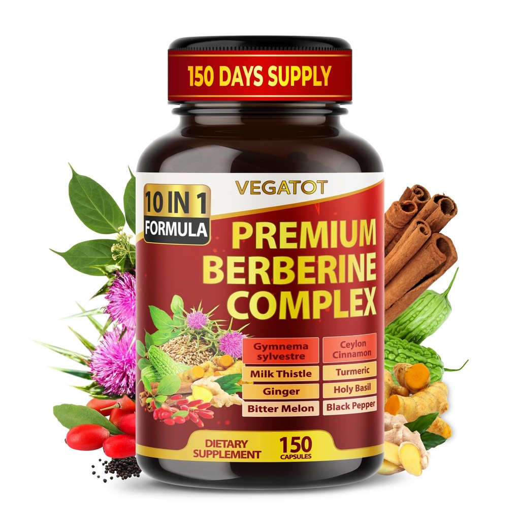 VEGATOT GlucoSavior Berberine תוספת עם Ceylon Cinnamon, Bitter Melon, התעמלותnema - תומך Immune, Heart Health & Gastro - מיוצר בארה"ב (150 (Pack of 1))