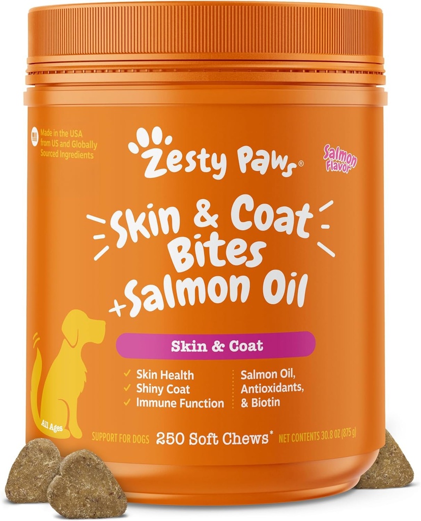 Zesty Paws Salmon Oil for Dogs Skin and Coat, אומגה 3 דגים צ'יפס, כלבי אלרגיה להקל צ'אנס, תוסף Itch, 250 Count, Salmon Flavor