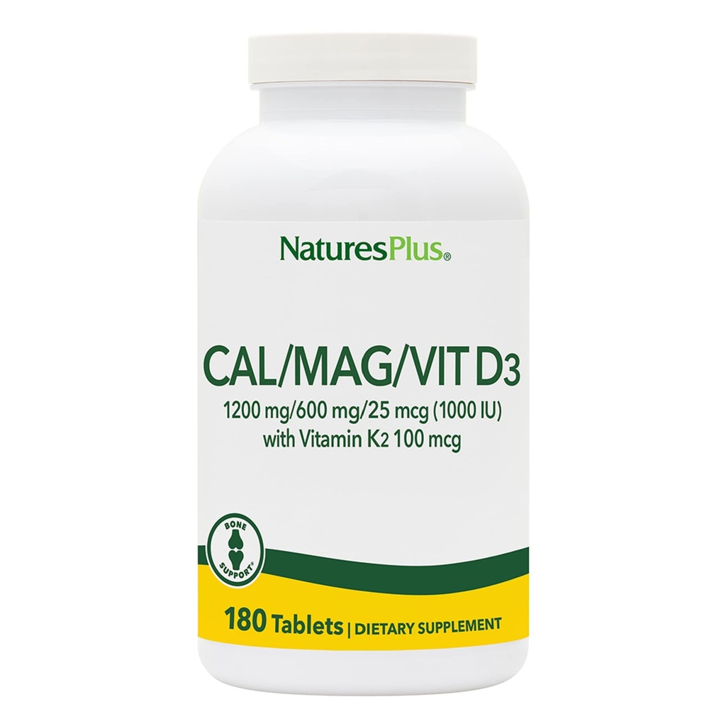 NaturesPlus Calcium / מגנזיום / Vitamin D3 עם ויטמין K2 - תמיכה בריאות העצם & Immune - Vegetarian, Gluten חינם - 180 טבליות - 45 משרתים