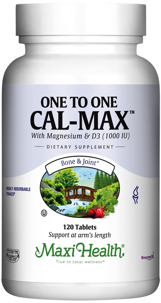תוספת של 500 מ"ג Calcium עם ויטמין D3 (1000 IU) ומגנזיום (500 מ"ג) - עצם, שיניים ותמיכה משותפת לגברים ונשים - 120 טבליות - One to One Cal-MAX על ידי Maxi Health