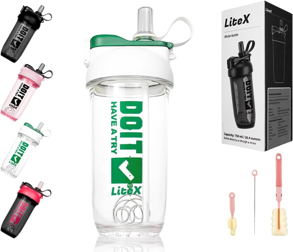 Litex Shaker Bottles forחלבון Shakes, 26oz בלנדר שרקר בקבוק עבור Pre-Workout,Shaker Cups with Straw, BPA-free Tritan Mixer בקבוקי אבקת חלבון, עם Brush והוראות (White)