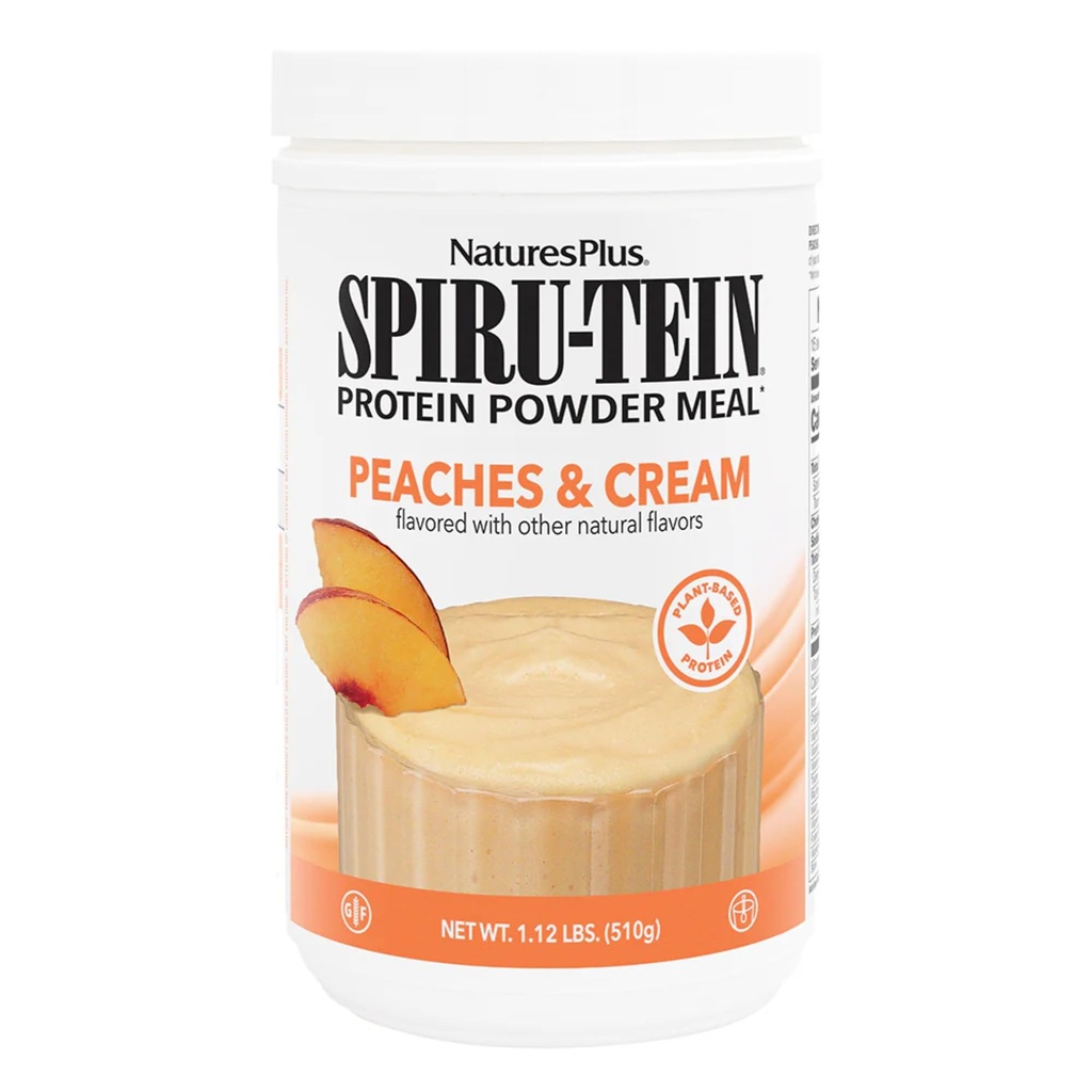 NaturesPlus SPIRU-TEIN Shake - Peaches & Cream Flavor - 1.1 lbs, אבקת חלבון Spirulina - צמחי מבוסס החלפת Meal, ויטמינים ומינרלים לאנרגיה - Vegetarian, Gluten-Free - 15 משרתים