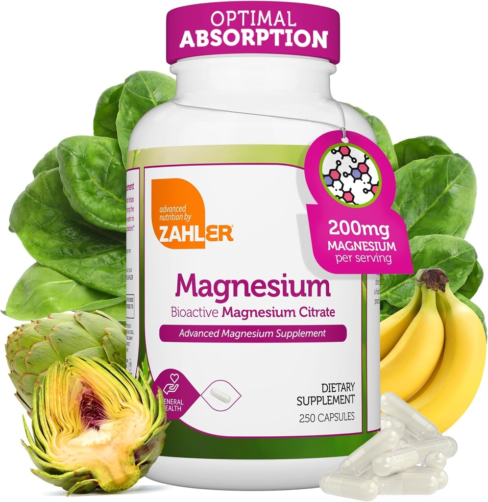 Zahler - Magnesium תוספת קפסולות 200 מ"ג (250 הרוזן) מוסמך מוסמך ביואקטיבי Magnesium Magnesium Citrate עבור Max Absorption - Natural Magnesium מינרלים עבור גברים ונשים - Best Magnesium תוספי מזון