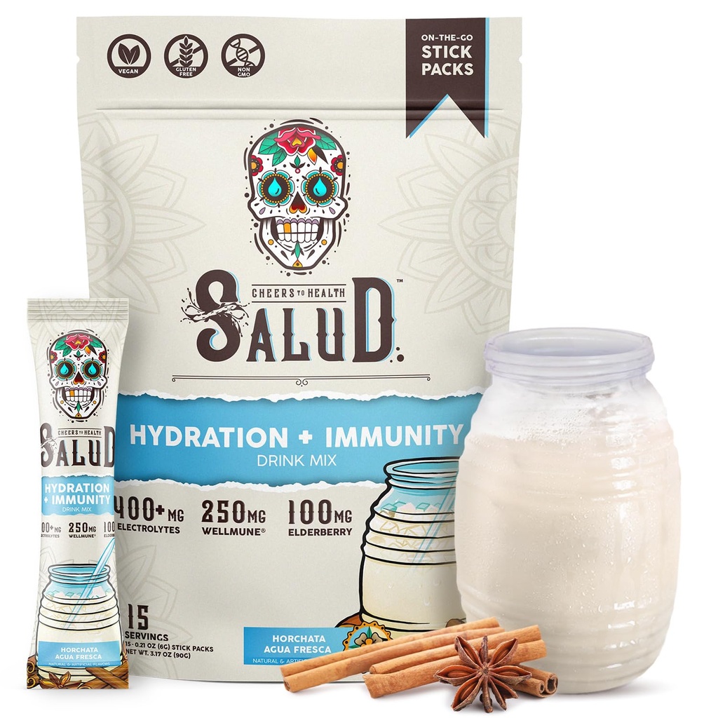 Salud 2-in-1 hydrotion Packets + Immunity Electrolytes אבקת, Horchata - Agua Fresca Drink, Elderberry, חלב ו Soy חינם, non-GMO, Gluten Free, טבעוני, Low Calorie, 1g Sugar (15 משרתים)