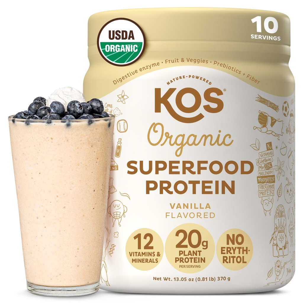 אבקת חלבון מבוססת צמחי KOS, Vanilla USDA אורגני - Low Carb Pea חלבון תערובת, טבעוני Superfood עשיר בוויטמינים ומינרלים - Keto, Soy, חלב חינם - החלפת Meal לנשים וגברים - 10 משרתים