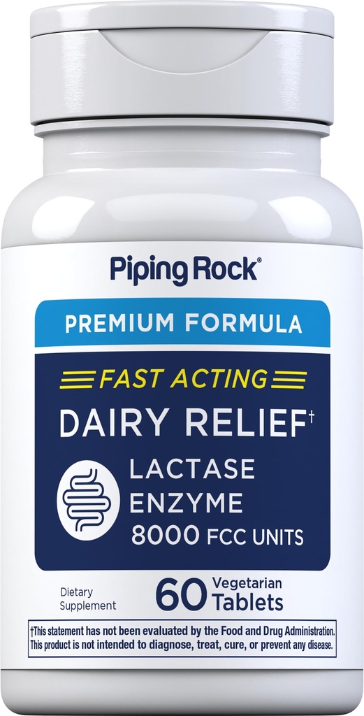 פיפינג רוק חלב גלולות 8000 FCC | Fast Acting Tablets | 60 Count | Lactase Enzyme | Premium Formula | Vegetarian, non-GMO, Gluten Freeten