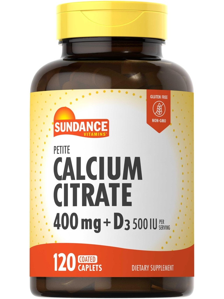 Sundance Calcium Citrate עם ויטמין D3 | 400 מ"ג | 120 Caplets | Petite | Vegetarian, non-GMO & Gluten Free Supplement