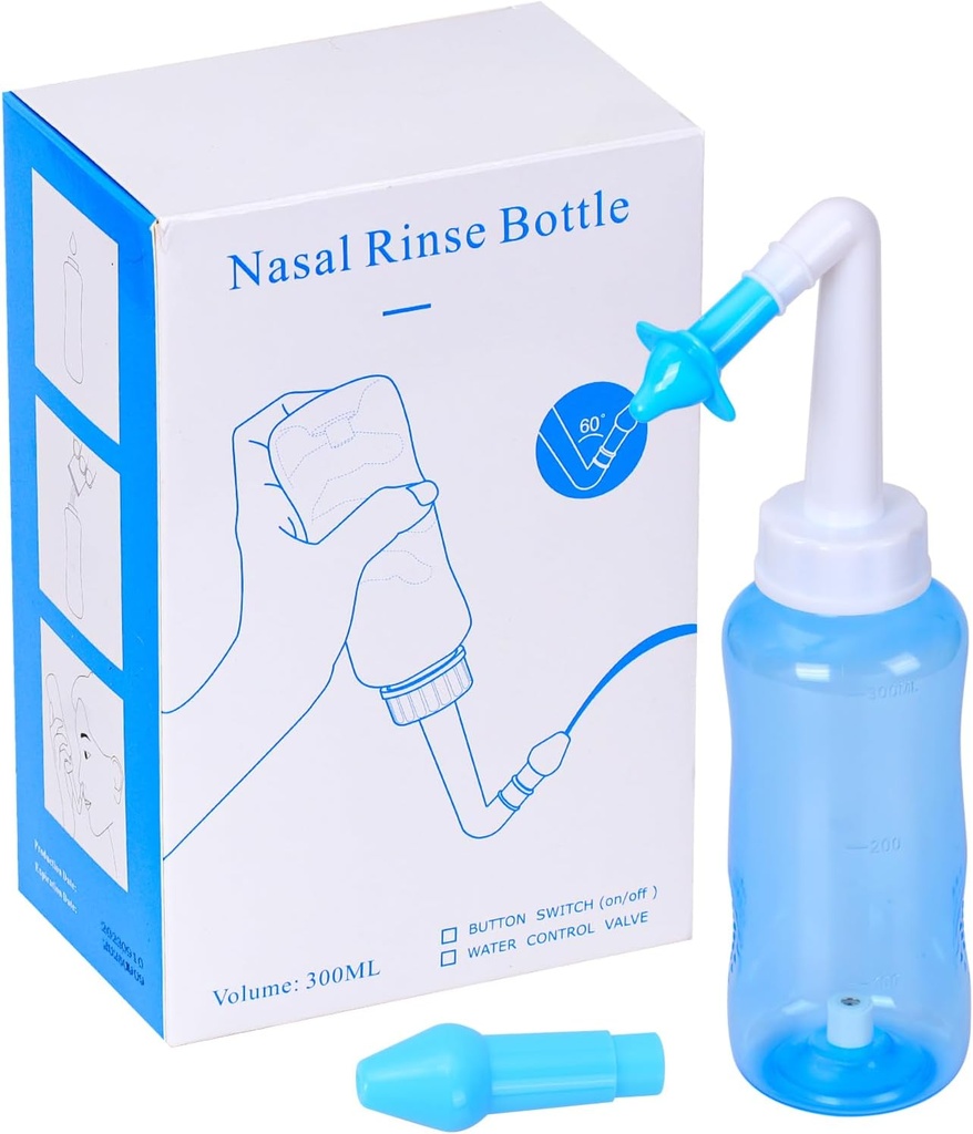 לחץ הבקבוק של Neti Pot Sinus Rinse Nasal Irrigation Wash Sinus Rinsing Kit Nose Cleaner for Adults & Kids BPA Free (300ML, Blue)