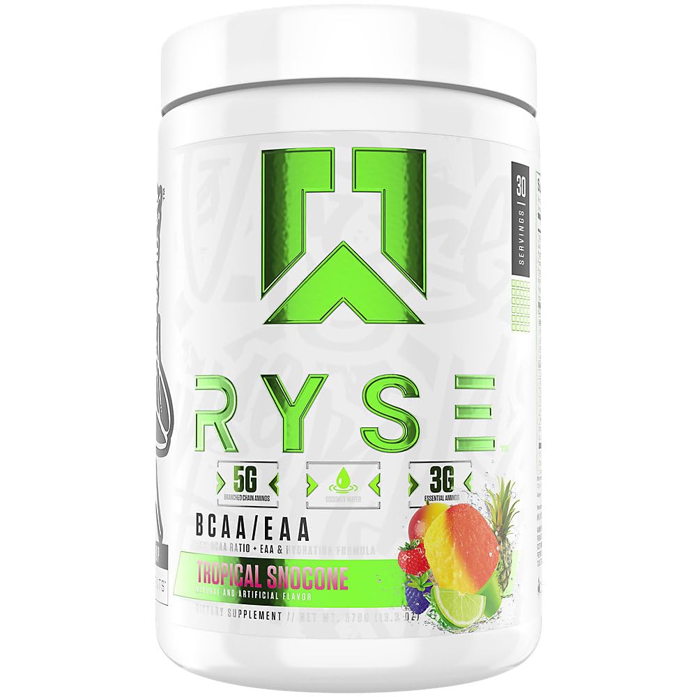 RYSE BCAA EAA אבקת - טרופי סנocone - 5g הזרועות Amino Acids, 3g Essential Aminos, אלקטרוליטים ללא סוכר עבור התאוששות שרירים, אנדורנס, הידרציה וכוח - 30 משרתים