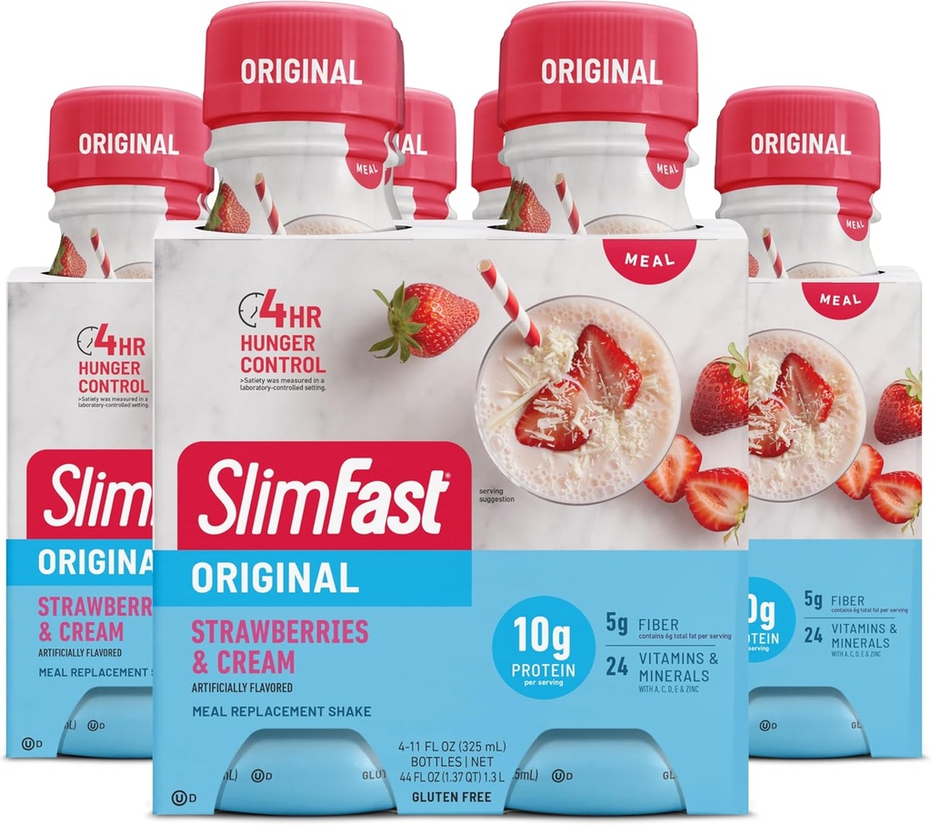 SlimFast Meal החלפת Shake, Original Strawberries & Cream, 10 גרם מוכן לשתות חלבון לירידה במשקל, 11 Fl. Ozבק, 4 Count (Pack of 3) (Packing May Vary)