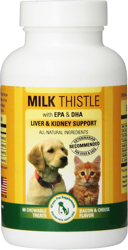 חלב Thistle Liver & Kidney תוספת לכלבים וחתולים עם DHA, EPA, Silymarin, ויטמין B (B1 B2 B6 B12 כדי למנוע Liver ו- Kidney Disease - 60 טיפולים שניתן לטפל בהם - בייקון הגבינה פלמור
