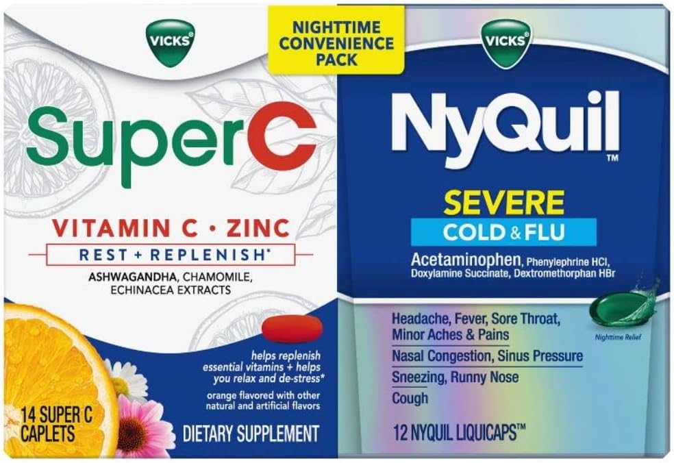 ויקי Nyquil ו Super C Convenience Pack: NyQuil Severe Medicine for Max Power Cold and Flu הקלה, ארוז עם ויקי Super C Rest ו-Relenish Daily, 26ct