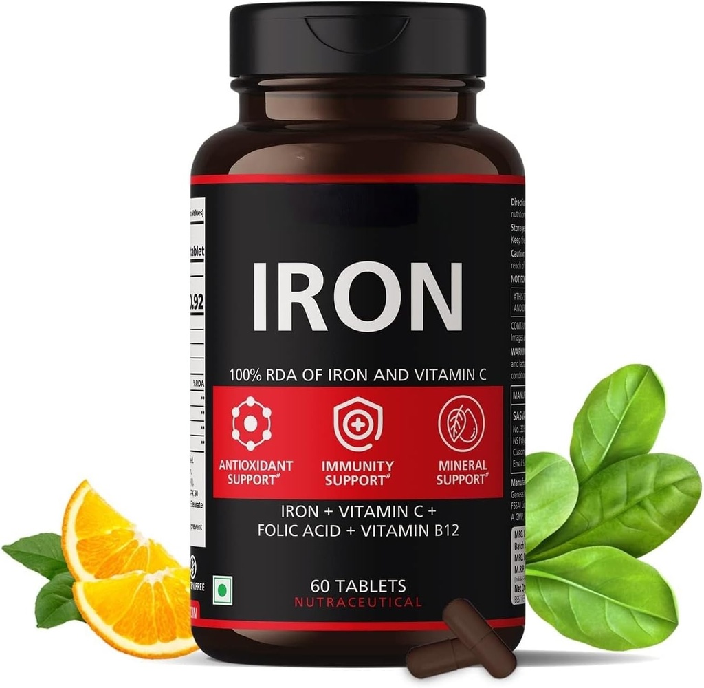 תוספת ברזל לנשים וגברים עם ויטמין C, Folic Acid & ויטמין B12 - טבליות ברזל עוזר תמיכה אנרגיה - 60 Veg טבליות