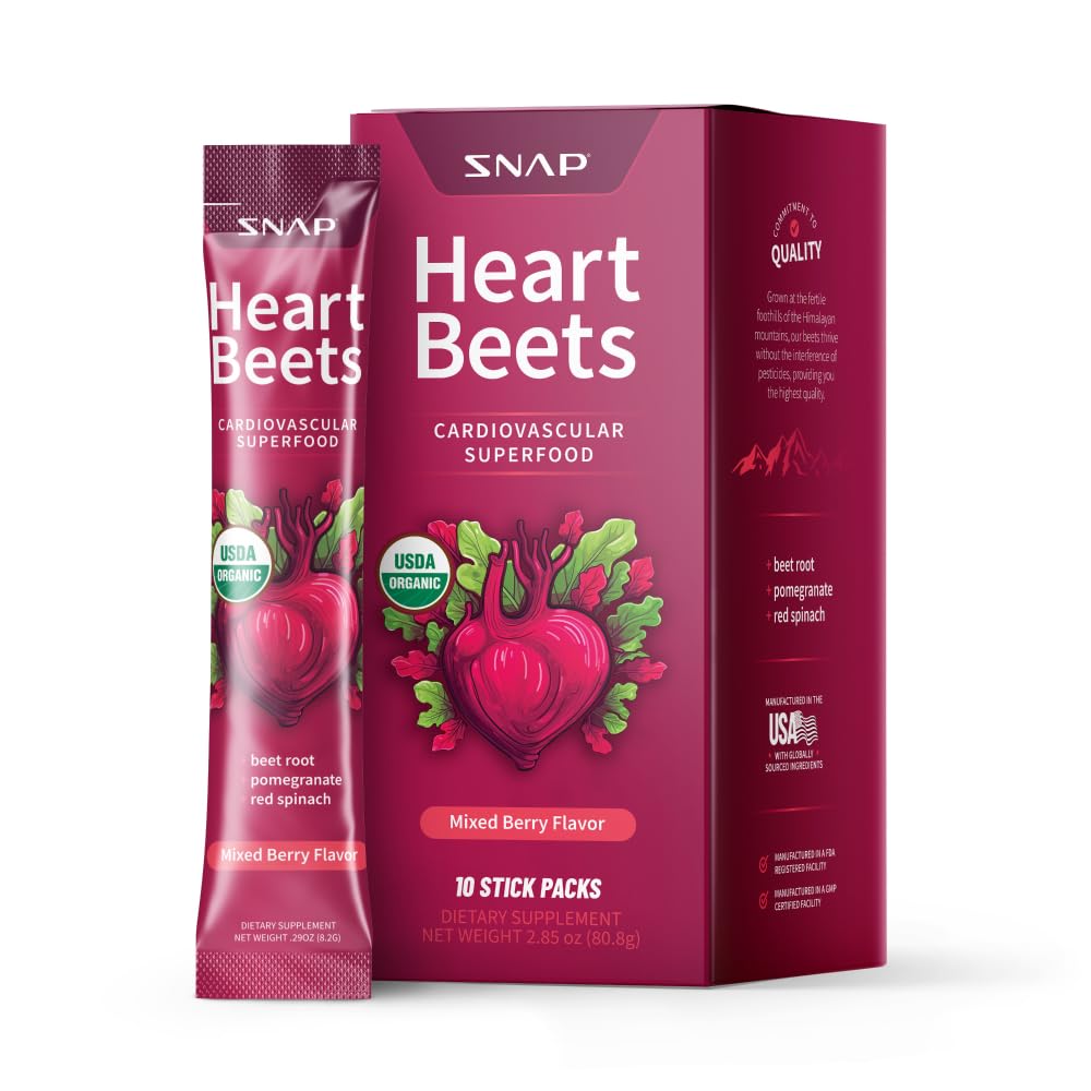 Snap Supplements Heart Beets Stick Packs, אבקת שורש אורגני אבקת משקה Mix, Cardiovascular Support for Men & Women, Beets, Pomegranate & Red Spinach, Nitric Oxide Booster, מעורב ברי, 10 משרתים