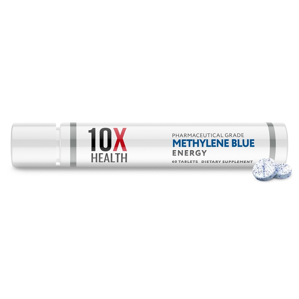 10X בריאות Methylenelene Blue תוסף עם Black Pepper Extract - 60 טבליות Methylene Blue Class Tablet - תמיכה באנרגיה, פוקוס וקוגניציה - טבעוני, non-GMO