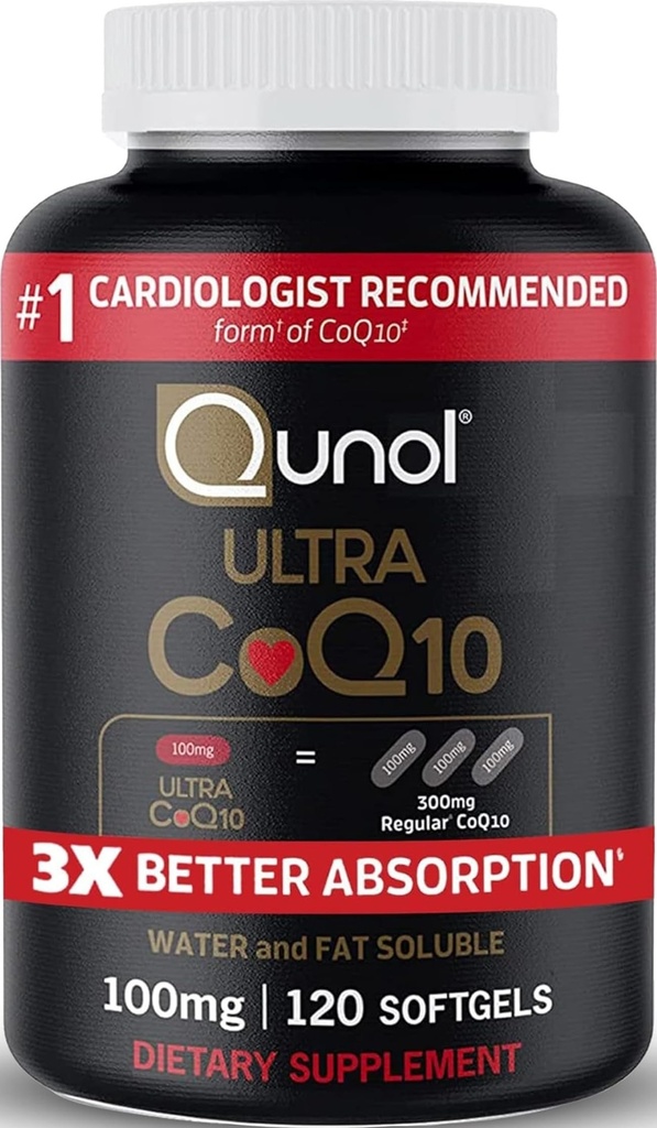 Qunol Ultra CoQ10 100 מ"ג, 3x Better Absorption, מים פטנט ושומן Soluble Natural תוסף של Coenzyme Q10, Antioxidant לבריאות הלב, 120 הרוזן Softgels