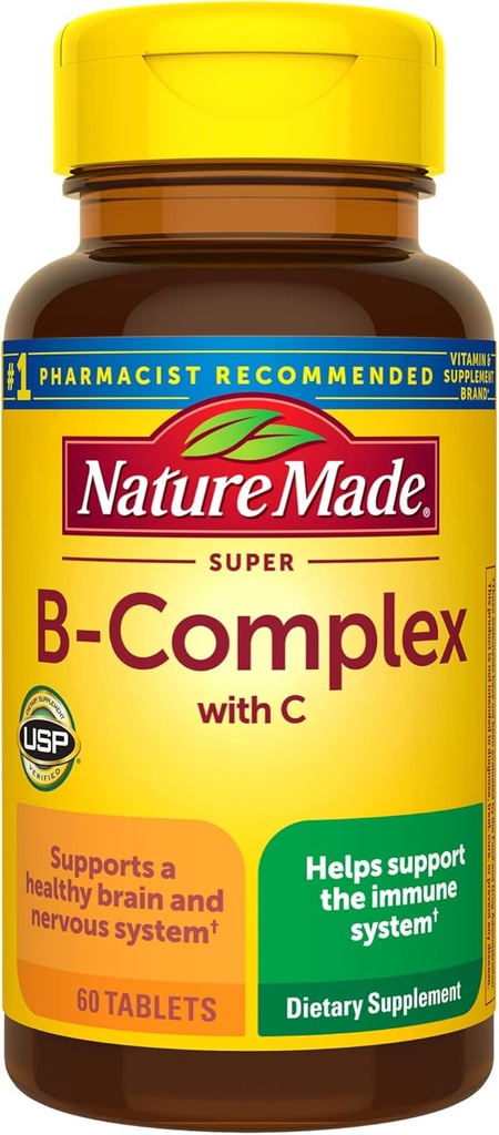 Nature Made Super B Complex עם ויטמין C ו- Folic Acid, תוספת תזונתית לתמיכה באנרגיה סלולרית, 60 טבליות, 60 יום אספקה