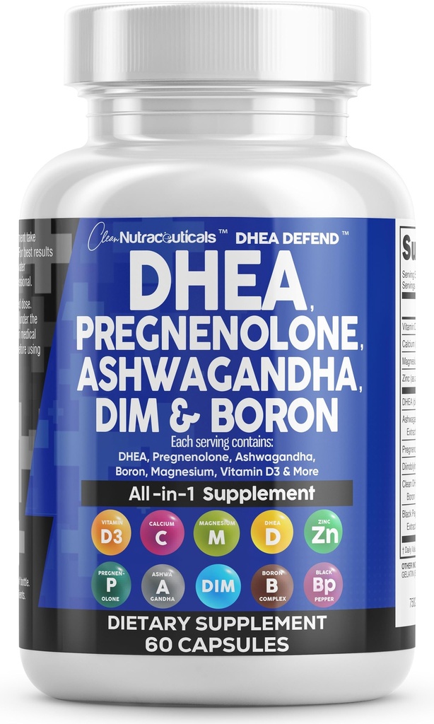 DHEA 200 מ"ג תוספת Pregnenolone 100 מ"ג עבור גברים ונשים עם DIM Ashwgandha Boron 6 מ"ג תרכובת Calcium Magnesium Zinc 50 מ"ג ויטמין D3 5000 IU סיוע גלולות תמיכה הורמונלית המיוצר בארה"ב 60 הרוזן הרוזן רוזן 6 מ"ב 60