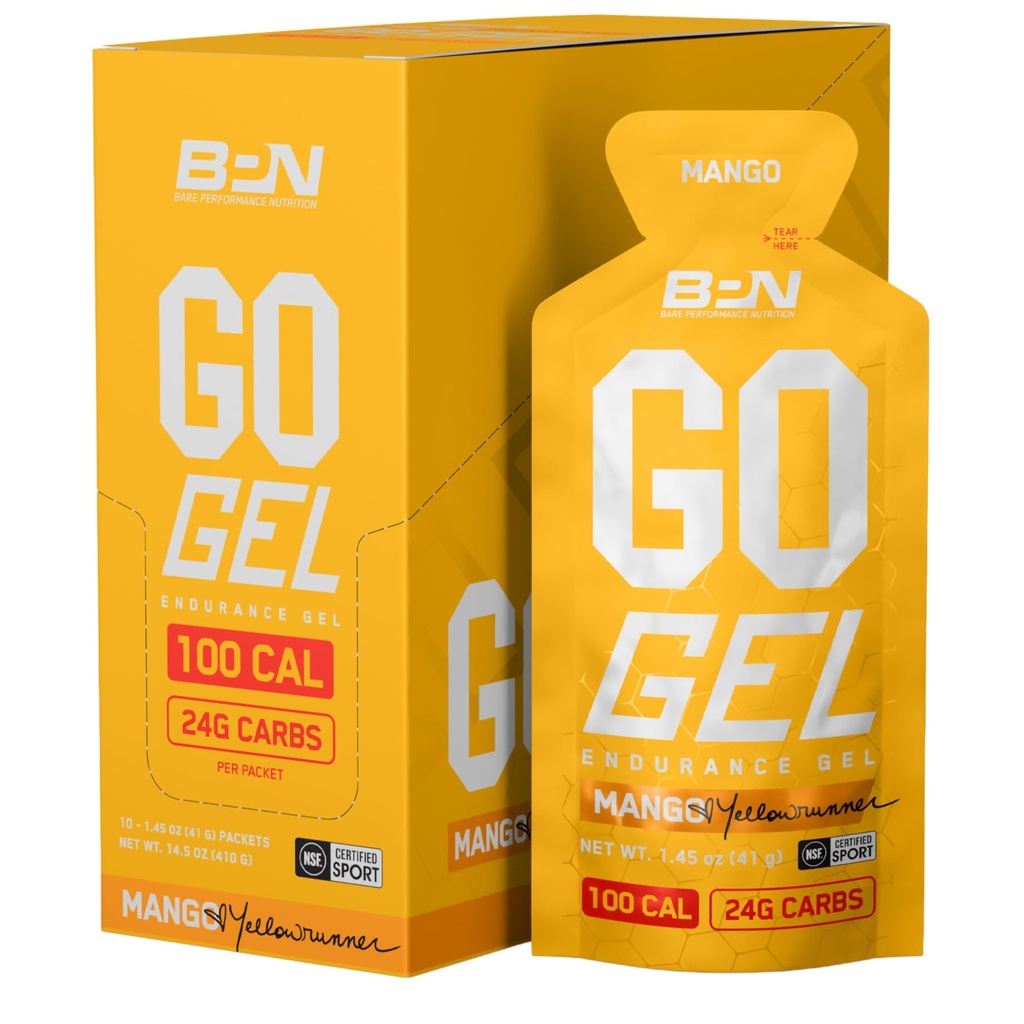 BARE PERFORMANCE NUTRITION, BPN Go Gel Endurance, 24g של Carbohydrates & 100 קלוריות לכל Pack, + Gluten Free Run Gel, 10 חבילות שירות יחיד, מנגו