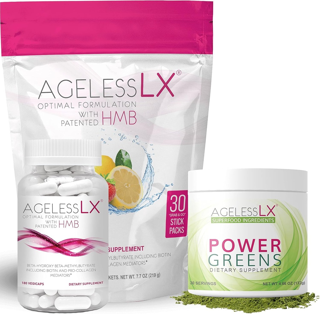 AgelessLX ביוטין תוספי קפסולות, Strawberry Lemonade & Power Greens אבקת Bundle - Anti Aging תוספים