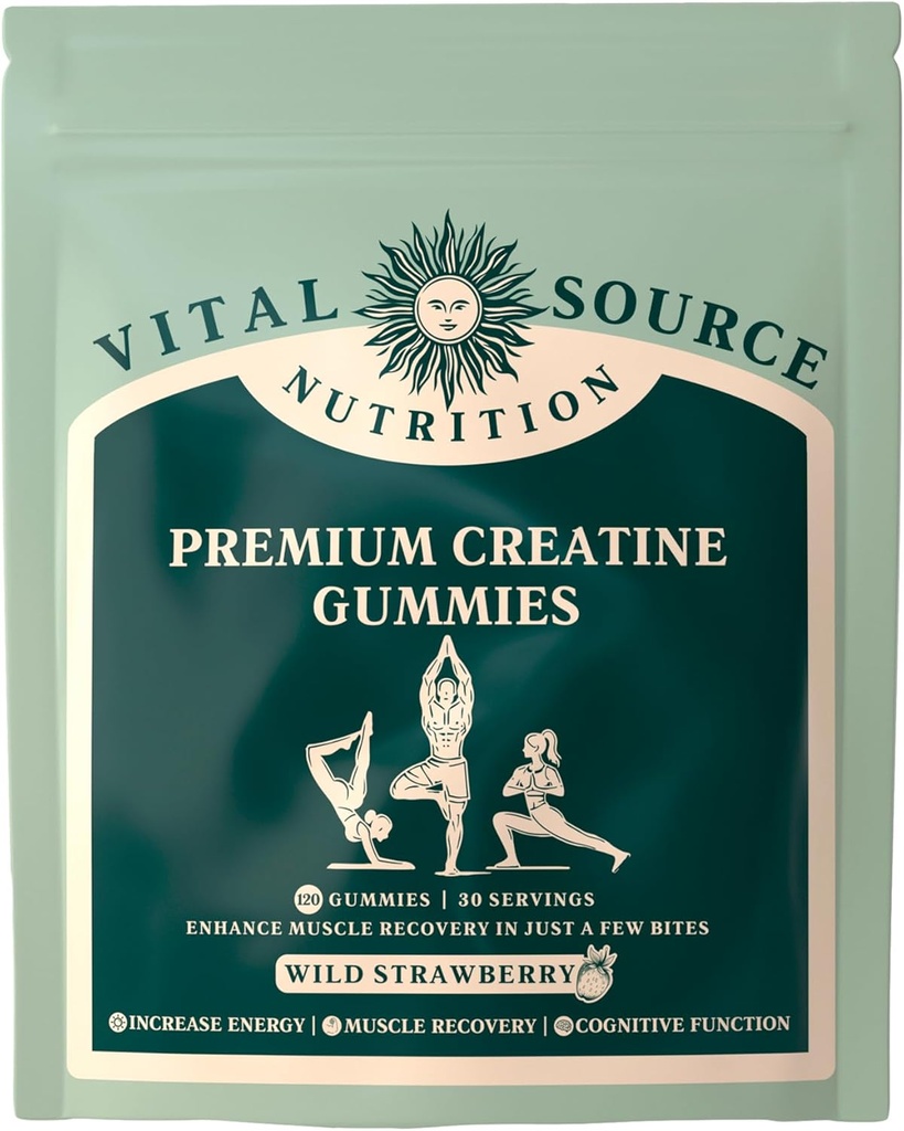 Vital Source Nutrition - Premium Creatine Gummies - גידול שרירים, התאוששות ואנרגיה תמיכה - 5g Creatine Monohydrate - טבעוני, Gluten-Free & Halal - Wild Strawberry - 120 מסטיקנים - 30 משרתים