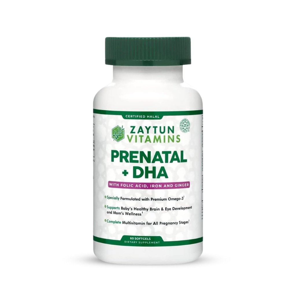 Zaytun Vitamins Halal Prenatal Vitamins + DHA, Folic Acid Iron, Ginger for Soothing, One Daily, for All Pregnancy Stages, Gluten Free, Non-GMO, 60 Softgels, 2 Months Supply, USA Made, Halal Vitamins