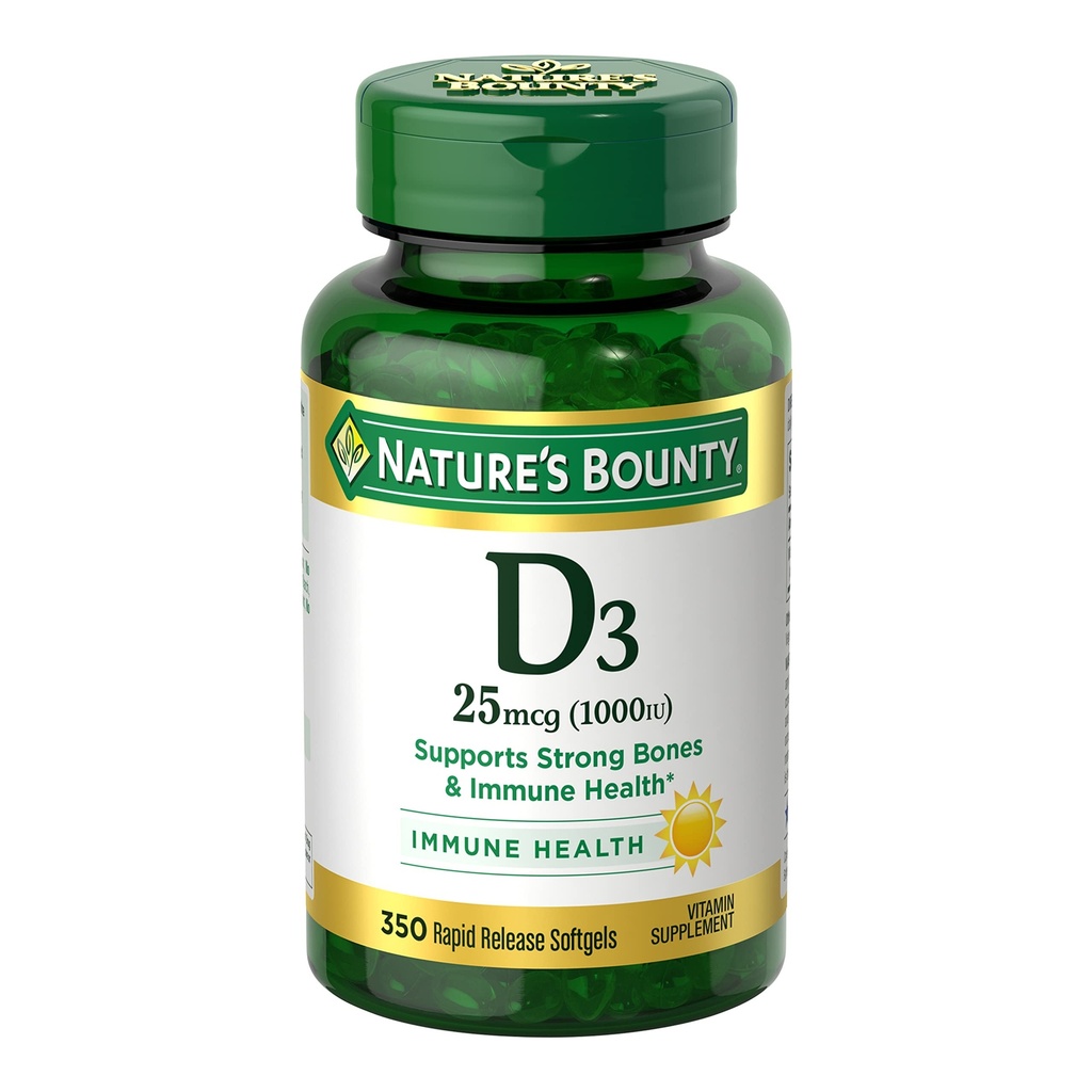 ויטמין D3 1000 IU Softgels, Immune Support, מקדם עצמות בריאות, 1 Softgel ליום, Gluten Free, 350 Count