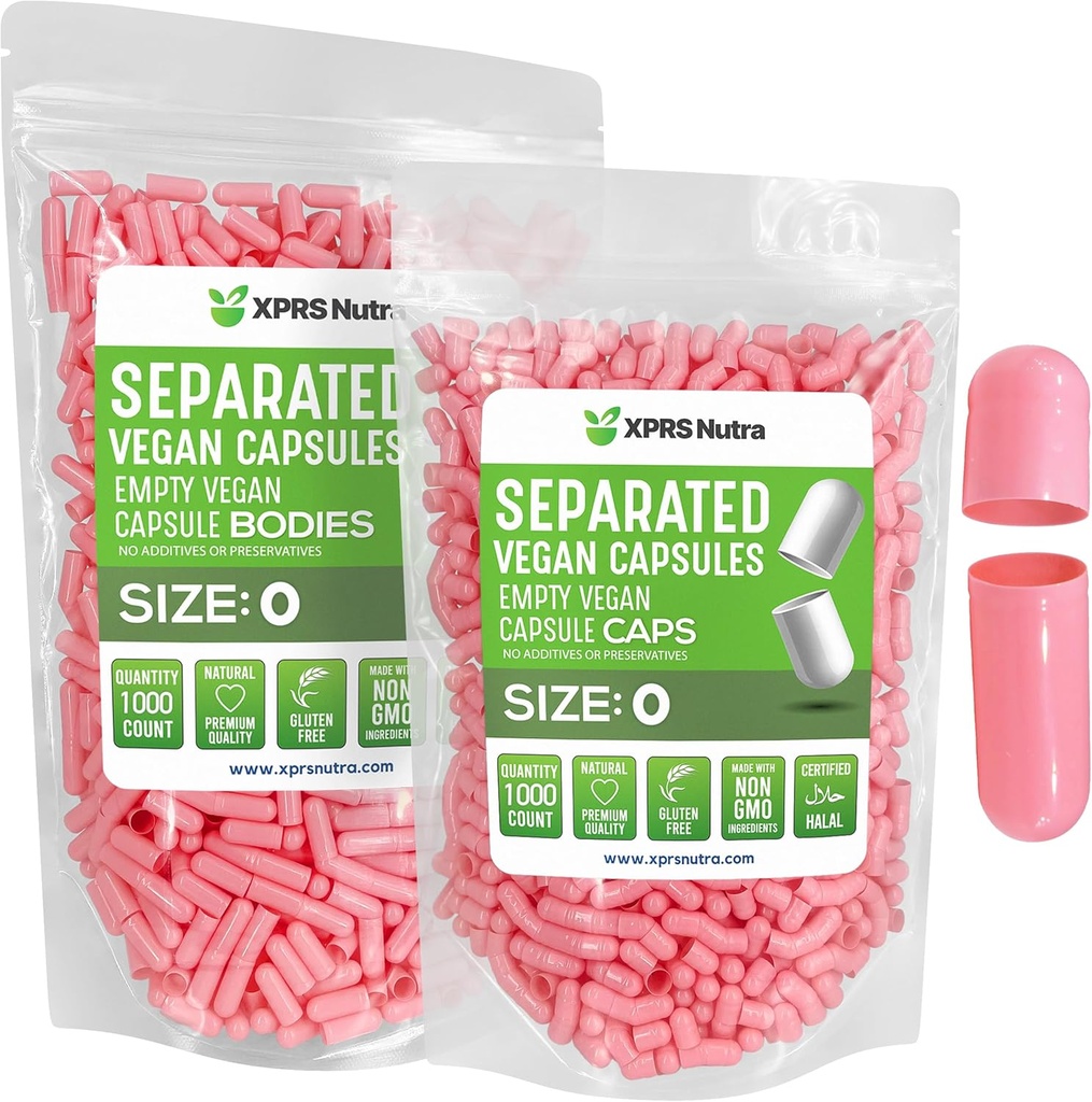 XPRS Nutra טבעוני גודל 0 קפסולות נפרדות - 1000 Count Premium פסולת ריקה בנפרד ב Bags - 0 גלולות עבור תוסף DIY (Pink)