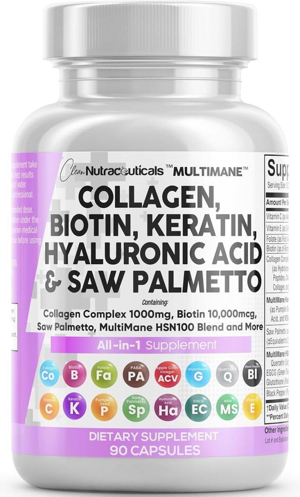 Nutraceuticals Collagen Pills 1000 מ"ג ביוטין 10000mcg Keratin Saw Palmetto Hyaluronic Acid - Hair Skin & Nails & DHT Blocker עם ויטמין Folic Acid Pumpkin Seed MSM - הרוזן 90
