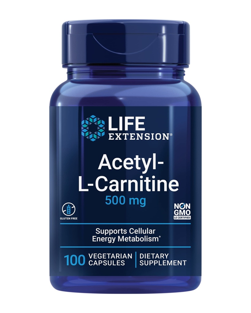 Life Extension Acetyl-L-Carnitine, Acetyl-L-Carnitine, ויטמין C, Brain, Mood & Nerve Health, cell Energy, 3 Monteh Supply, Gluten-Free, non-GMO, Vegetarian, 100 קפסולות, 100 קפסולות