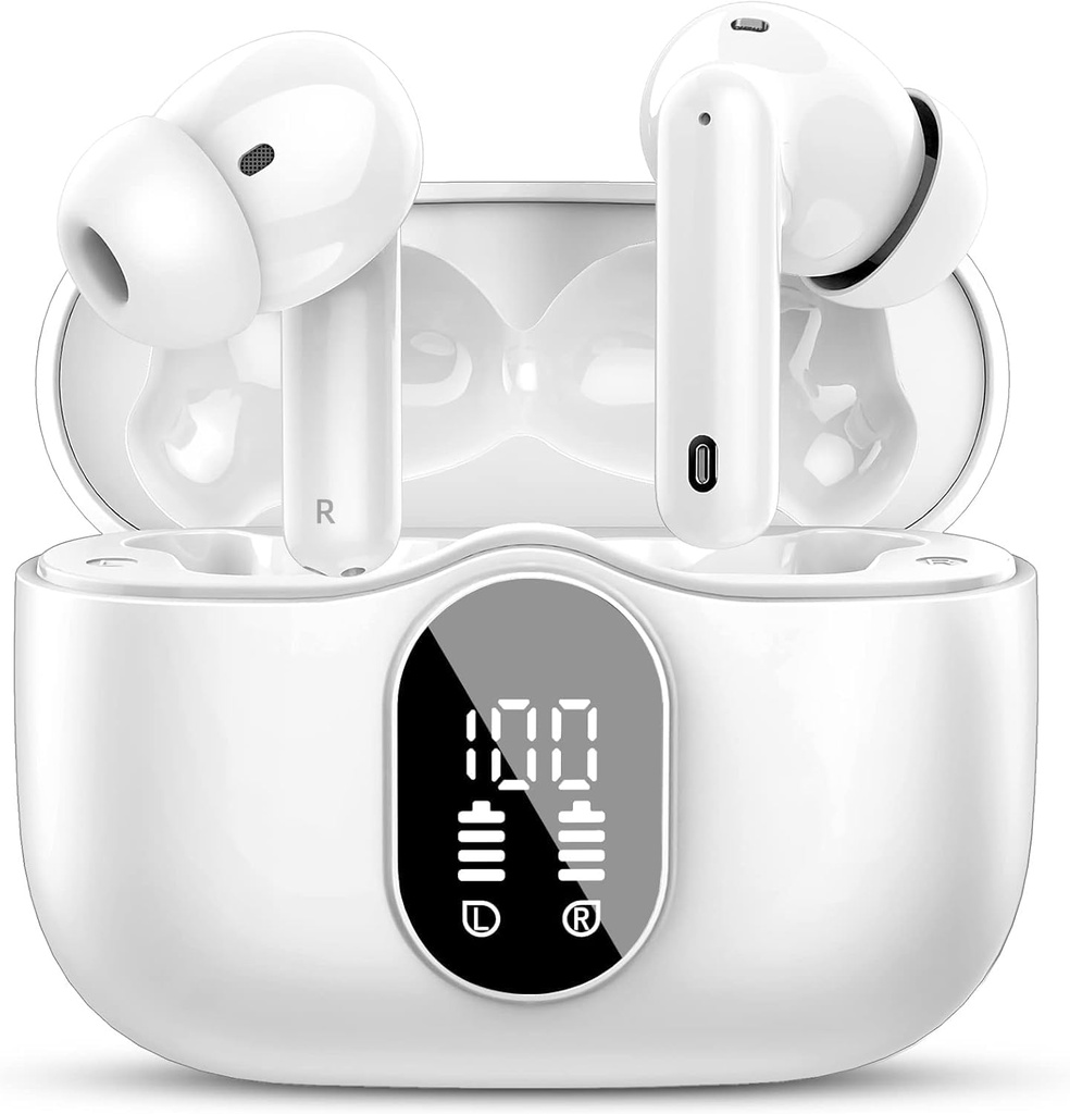 Btootos Wireless Earbuds Bluetooth 5.4 אוזניות Bass Stereo אוזניים Buds עם Noise מבטלת תצוגת LED Mic LED ב אוזניות IP7 מים עמידים 36H Playtime עבור טלפונים ניידים עבודה ספורט עבודה לבן