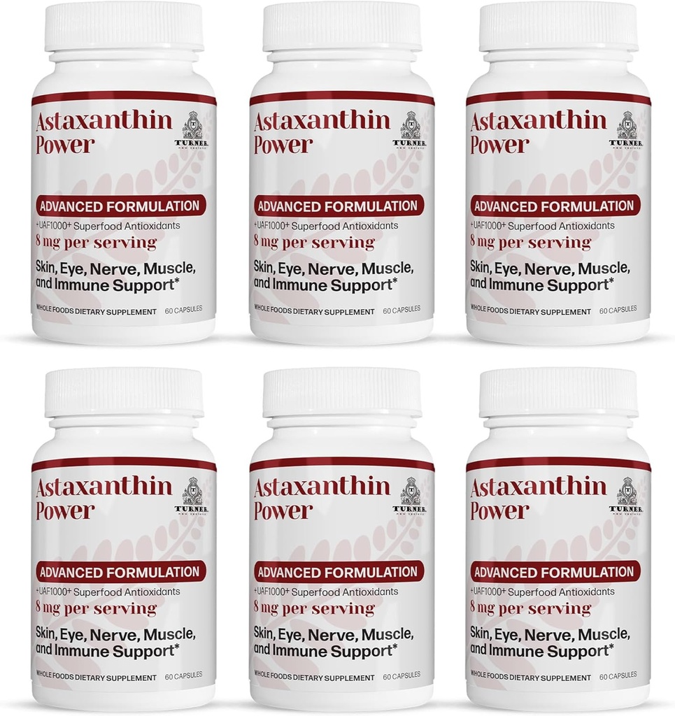 TURNER New Zealand Astaxanthin Power with UAF1000+, Anti-Aging, Skin, Eye, Nerve, Muscle Recovery, Immune Support Antioxidant Supplement, 12mg Astaxanthin, 180 משרתים, 6 בקבוקים