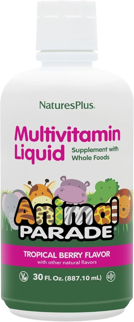 NaturesPlus Animal Parade Source of Life Children's Liquid Multivitamin - ברי טרופי פלאמור - 30 fl oz - Whole Food Supplement - Vegetarian, Gluten-Free - 60 משרתים