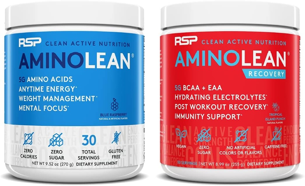 RSP NUTRITION AminoLean Pre Workout Energy (כחול פטל 30 משרתים) עם AminoLean Recovery Post Workout Boost (Tropical Island Punch 30 משרתים)