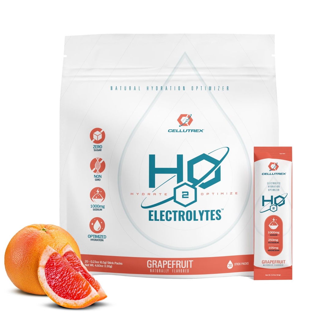 Cellutrex® H2O אלקטרוליטים - אבקת אלקטרוליטית שותה Mix, Zero Sugar, Natural Salt hydrotion Packets for Recovery and Wellness, Grapeפרי, 20 Sticks