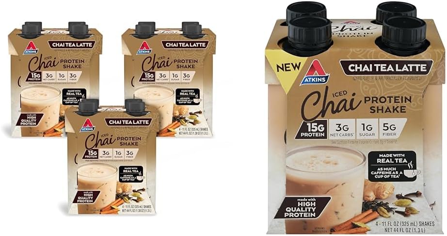 Atkins Chai Tea Latte חלבונים Shake Bundle עם חלבון 15g, 3g Net Carb, 1g סוכר (4 Pack) Iced Chai Tea Latte חלבון Shake