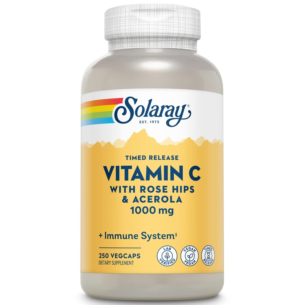 SOLAרי ויטמין C עם Rose HIPS & Acerola | Two-Stage Timed-Release Formula | 1000mg | 24Hour Immune Support & Antioxidant | 250 Ct.