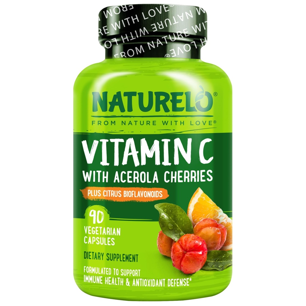NATURELO ויטמין C עם Acerola Cherry Extract and Citrus Bioflavonoids - תוספת טבעונית - תמיכה כספית - 500 מ"ג VIT C ל Cap - Non-GMO - 90 קפסולות