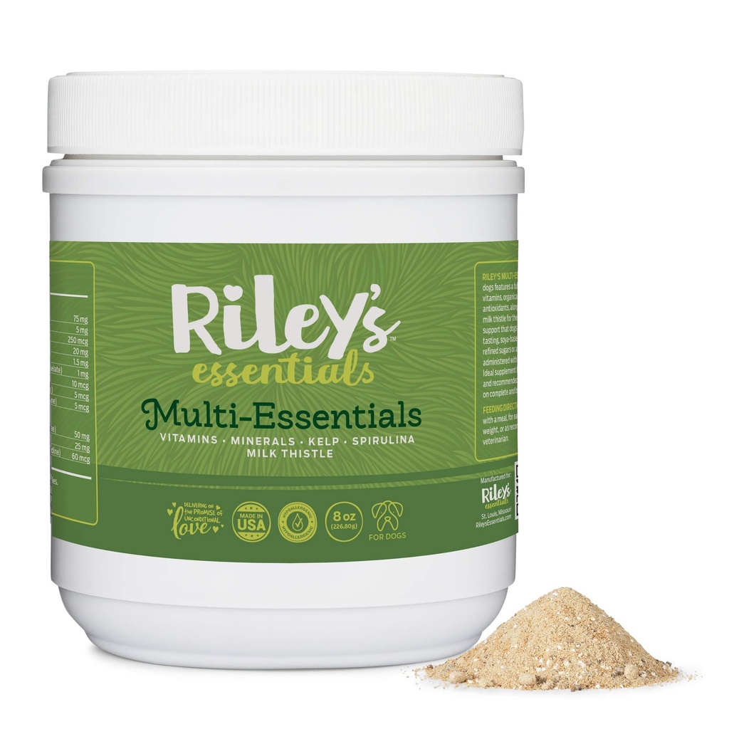 Multi-Essentials Multivitamin של ריילי לכלבים - ויטמינים, מינרלים, Spirulina, Kelp ו- Milk Thistle לתמיכה תזונתית - ויטמין Puppy וכלבים בכירים - 8oz אבקת