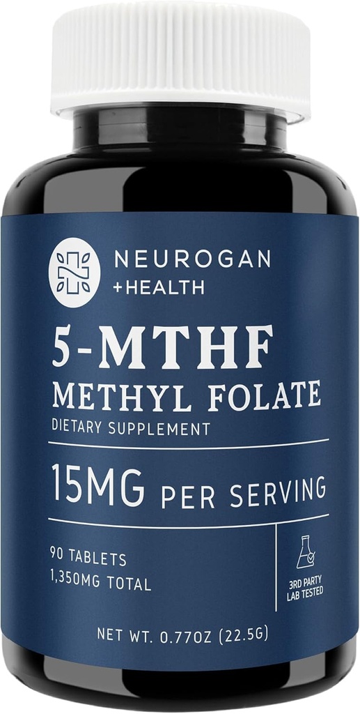 Neurogan L-5-MTHF Methyl Folate תוסף, 15 מ"ג - Active Folic Acid- טבעוני, Gluten-Free & Non-GMO - תמיכה קוגניטיבית, Cardiovascular & Mood Health - מיוצר בארה"ב, 90 ימים אספקת אספקה