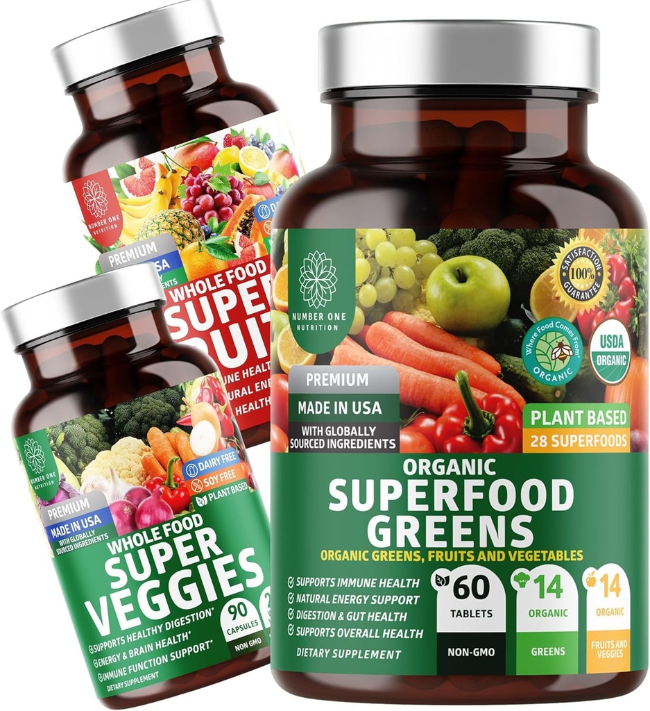 מספר אחת של תזונה N1N Premium Superfoods[28 Powerful Ingredients] ו Super Fruits & Veggies תוספת (40 Whole Foods) - Superfood Bundle, 2 Pack