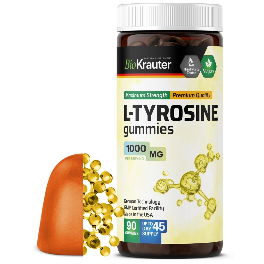 BIO KRAUTER L Tyrosine תוסף חניכיים - 1000 מ"ג כוח - 90 צ'יפס טבעוני - Mood and Cognitive Support - L-Tyrosine Gummies - פורמולה מבוססת Pectin