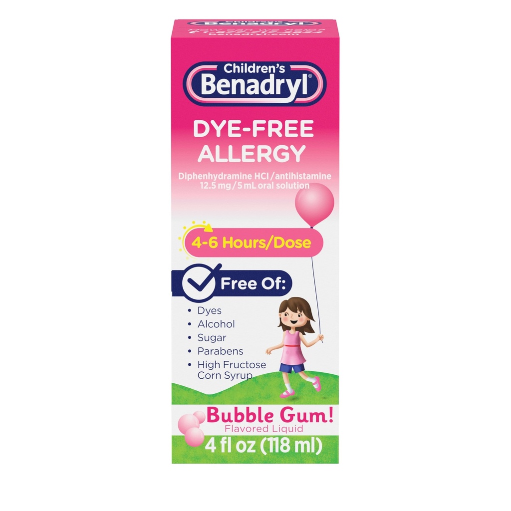 ילדים של Benadryl Dye-Free Allergy הקלה נוזל + 12.5 מ"ג Diphenhydramine HCl, Antihistamine Allergy Medicine for Kids Helps Relieve Runny Nose & Sneezing, Bubble Gum Flavor, 4. oz.